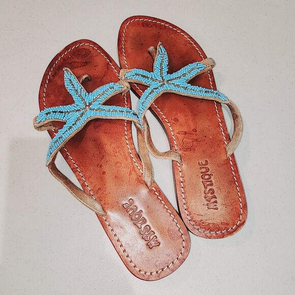 MYSTIQUE Sz 9 Teal Beaded Starfish Beach Resort Kuwai Leather Handmade Sandals - Picture 10 of 14
